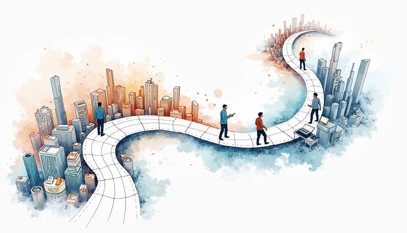 A winding path that transitions from a cluttered