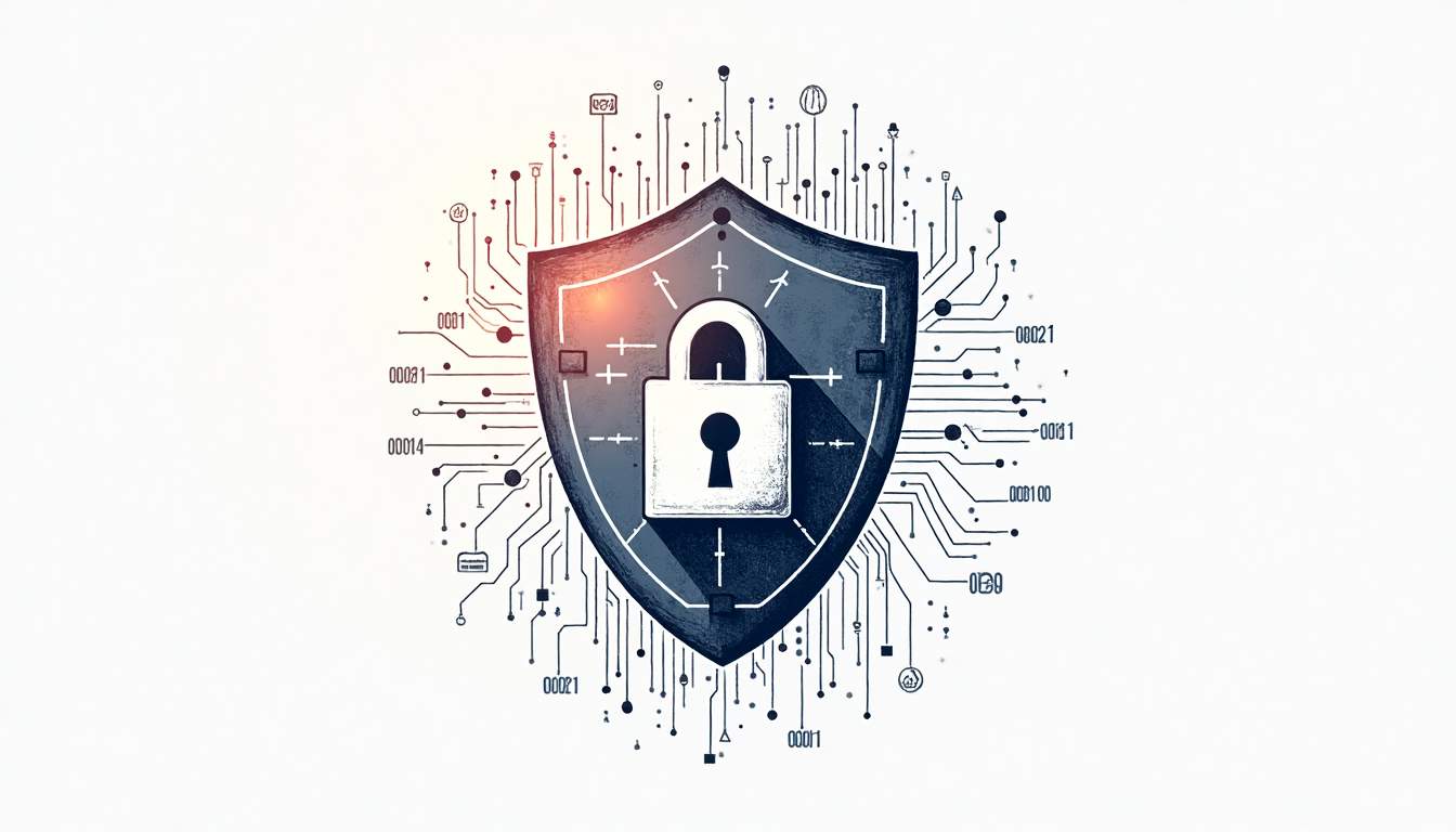 An abstract shield composed of digital elements like locks