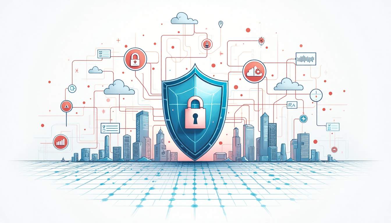 A futuristic digital landscape featuring a secure network shield surrounded by various cybersecurity elements like firewalls