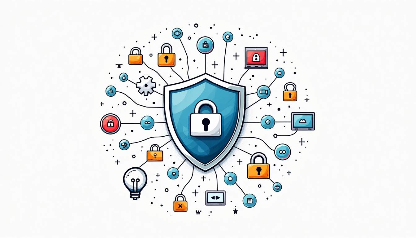 A shield composed of various digital security icons